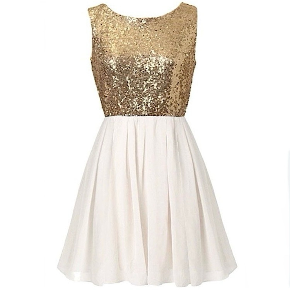 RICKETY RACK #145 Gold Sequin White Pleated Chiffon Skirt Party Dress S/M